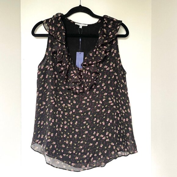 Rebecca Minkoff Floral Blouse Womens Small Black Sleeveless VNeck Ruffle Relaxed - Picture 2 of 9